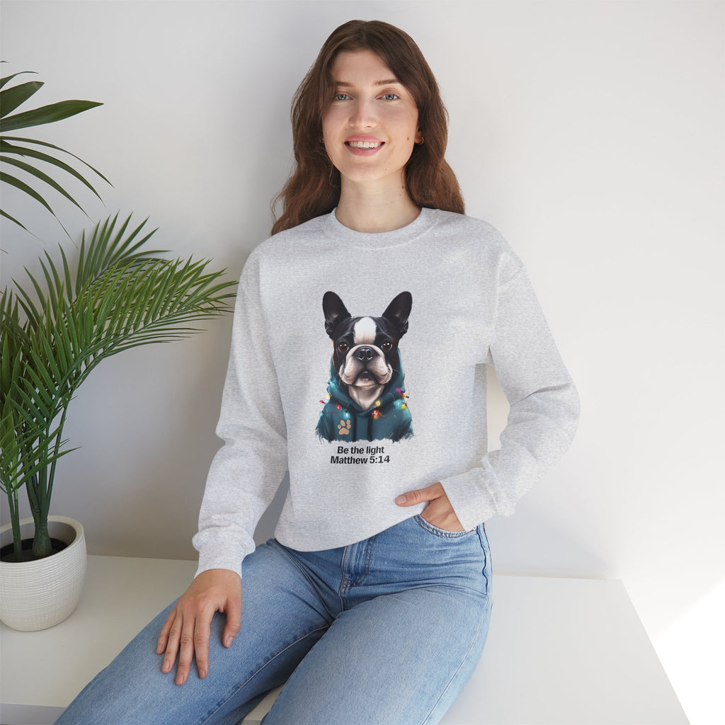 Be the Light Boston Terrier Christmas Gildan Sweatshirt | Christian Unisex Crewneck