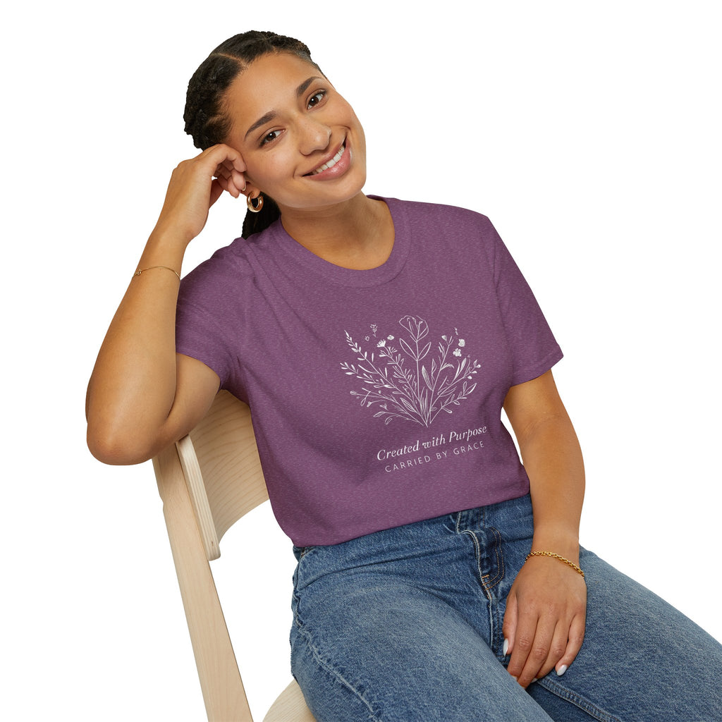 Created with Purpose Carried By Grace Christian Floral Gildan T-Shirt Women’s Faith Shirt Minimalist Design Soft Cotton Tee
