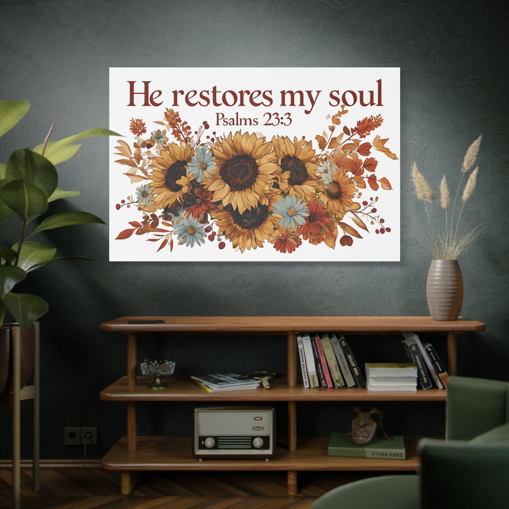 Psalm 23:3 Canvas Wall Art | Christian Sunflower Home Decor | Faith Gift