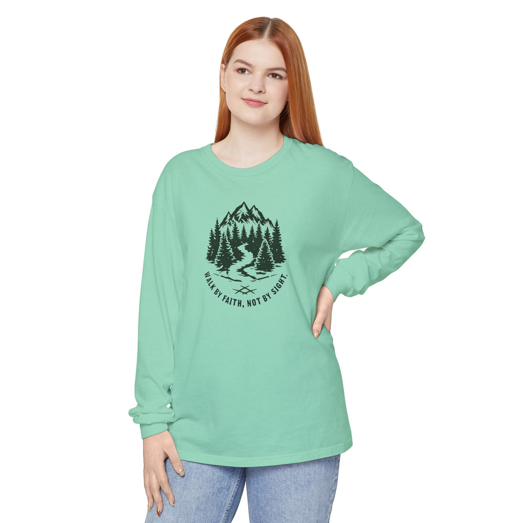 Walk by Faith, Not By Sight Comfort Colors Unisex Long Sleeve Shirt | Faith Mountain Graphic Tee | Garment Dyed Cotton