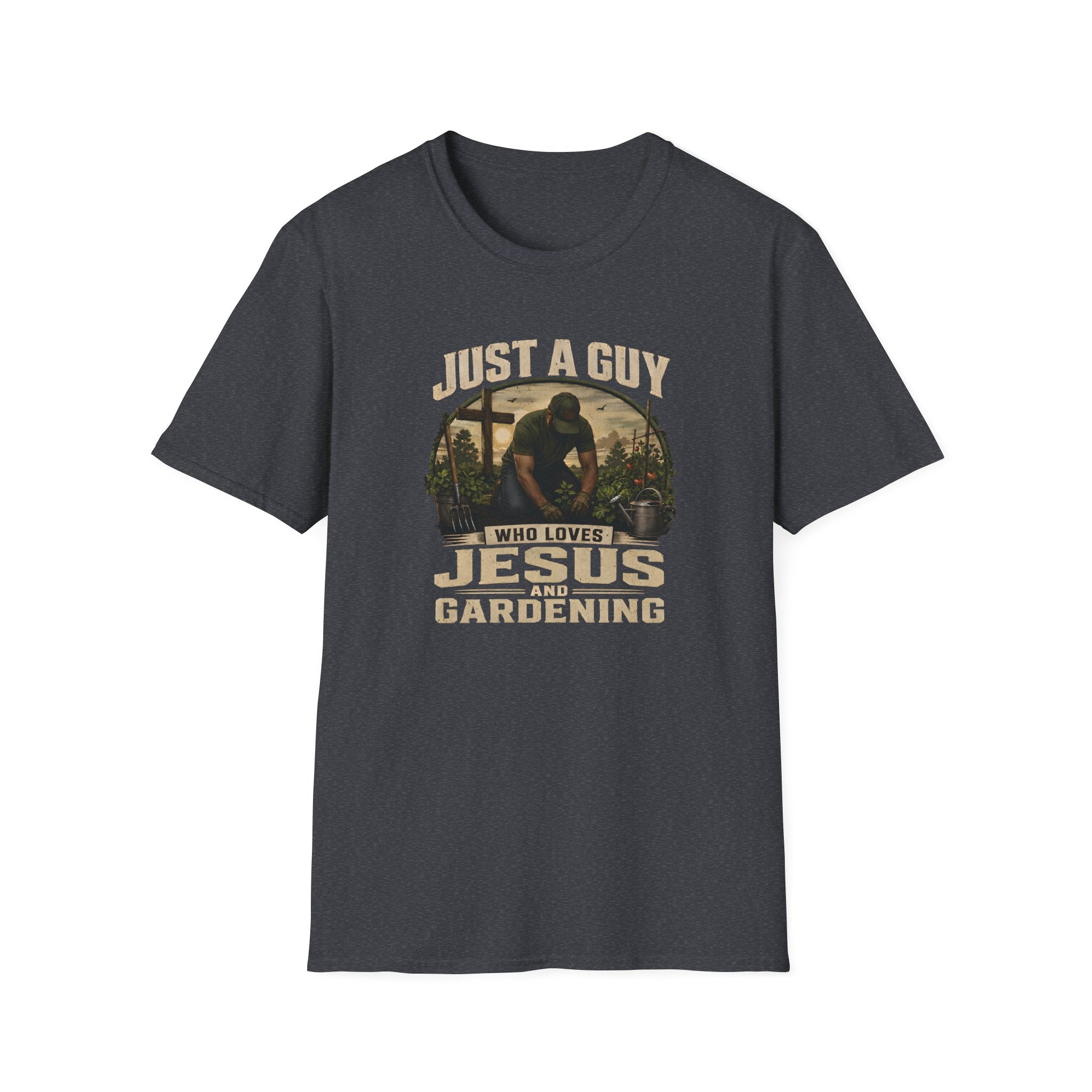 Just A Guy Who Loves Jesus And Gardening Gildan Christian T-Shirt for Men | Faith Based Gardening Shirt | Gardener Gift Tee