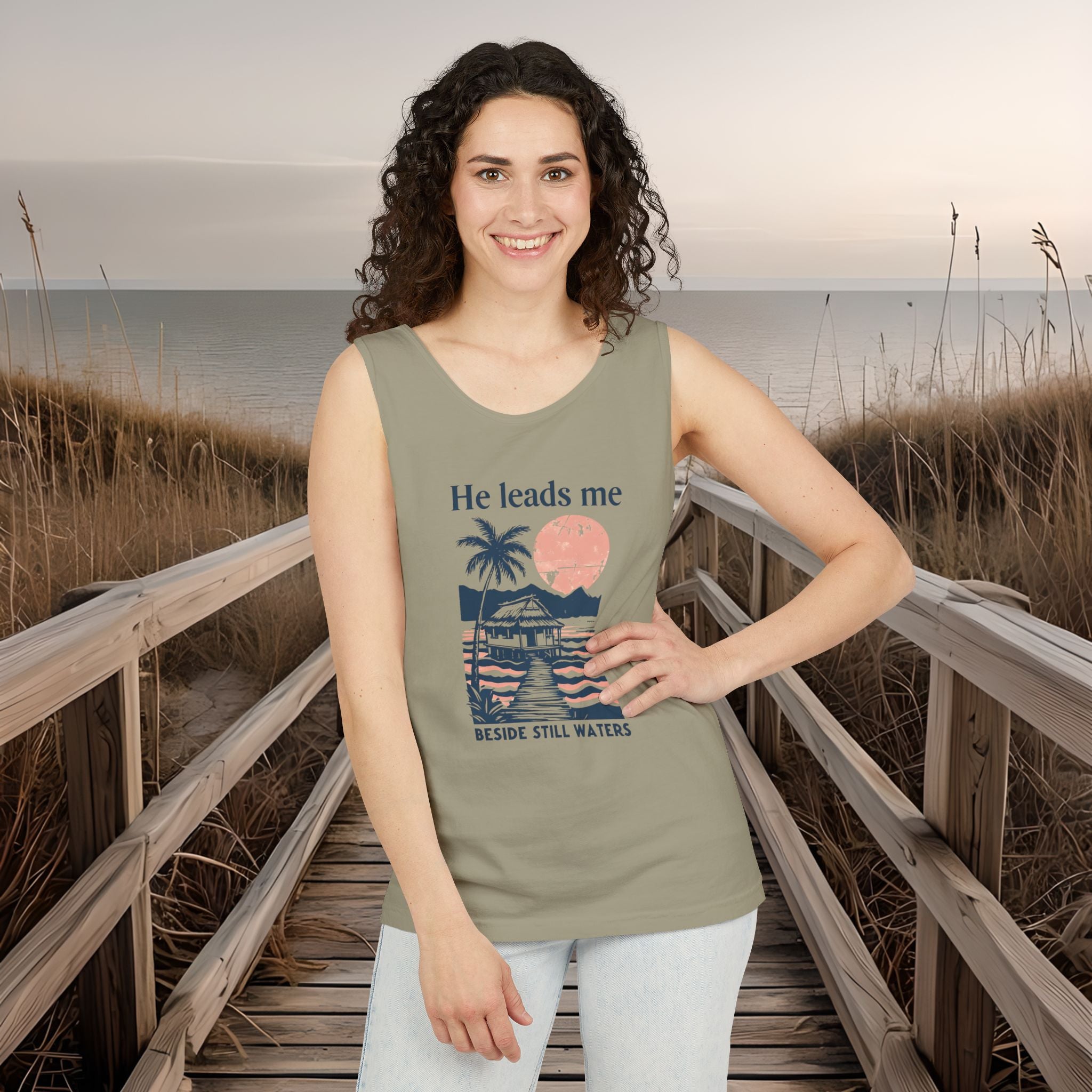 He Leads Me Beside Still Water Unisex Comfort Colors Tank Top | Psalms 23 | Christian Gift