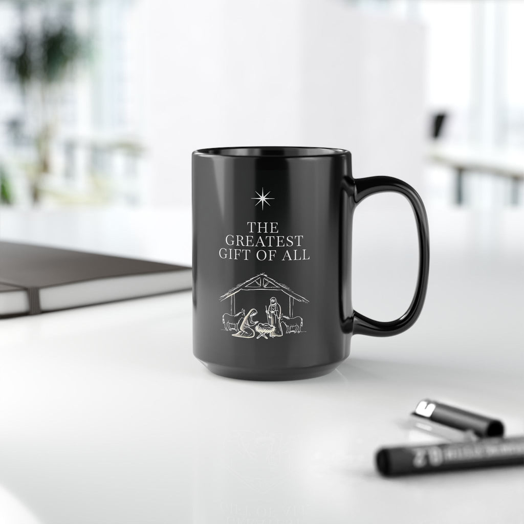 The Greatest Gift of All Christian Black Coffee Mug | Christmas Gift Ceramic Cup 11oz, 15oz