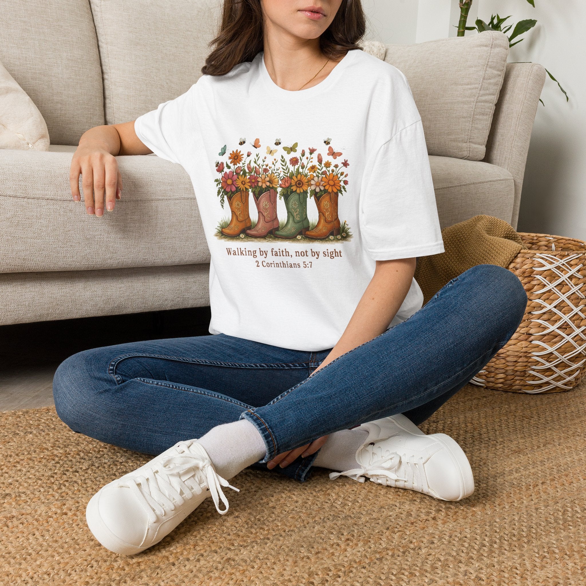 Walk by Faith Not by Sight Gildan Tshirt | Women's Wildflower Cowgirl Boots Christian Tee