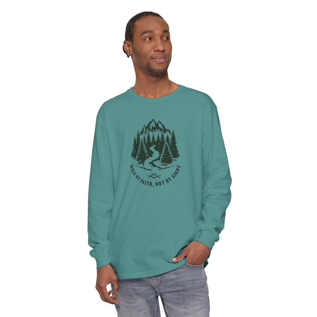 Walk by Faith, Not By Sight Comfort Colors Unisex Long Sleeve Shirt | Faith Mountain Graphic Tee | Garment Dyed Cotton