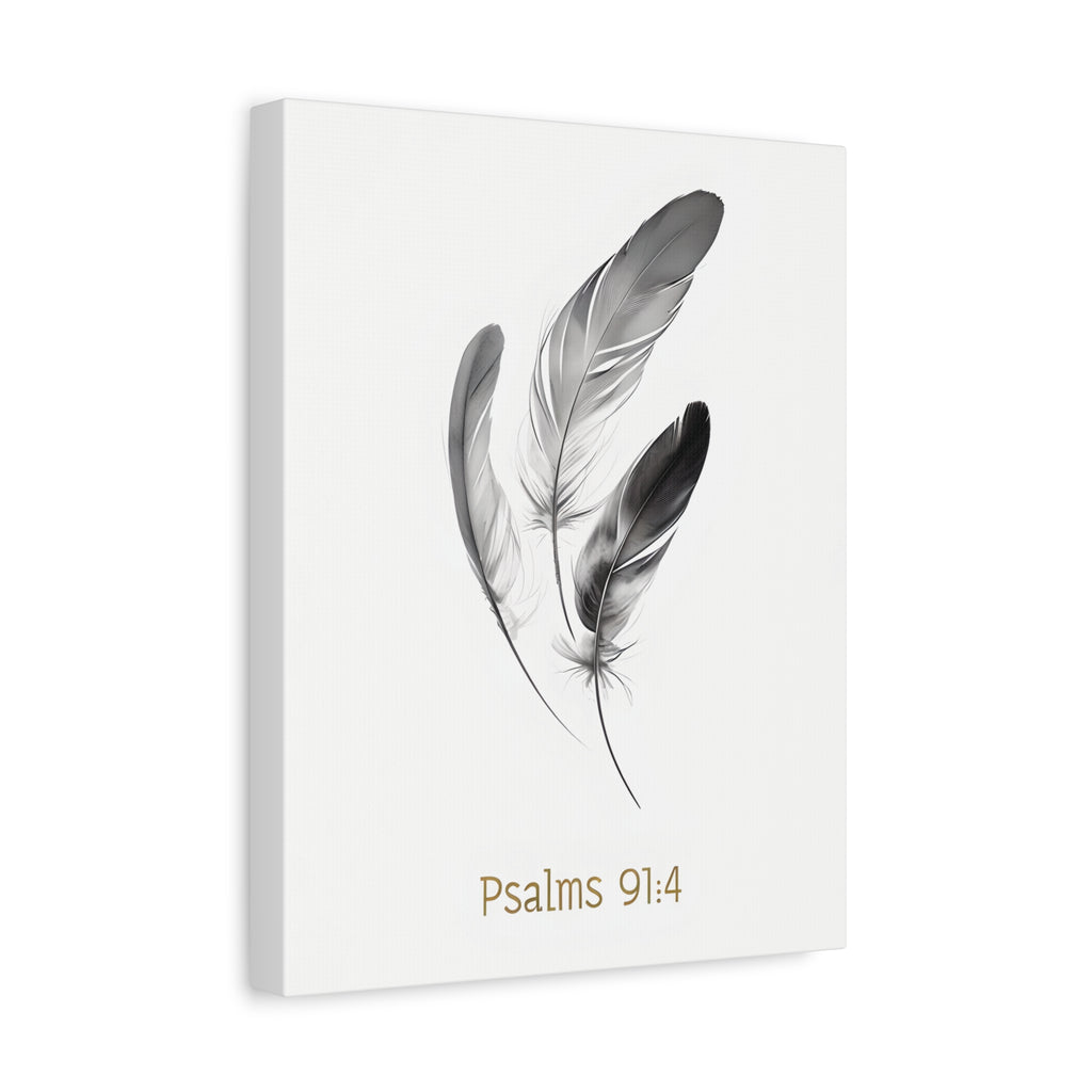 Psalm 91:4 Feather Canvas Wall Art – Christian Scripture Home Decor – Bible Verse Matte Canvas Print