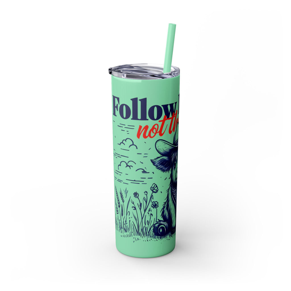 Follow His Lead, Not the Herd, 20 oz Insulated Skinny Tumbler | Stainless Steel Travel Cup | Christian Drinkware | Highland Cow