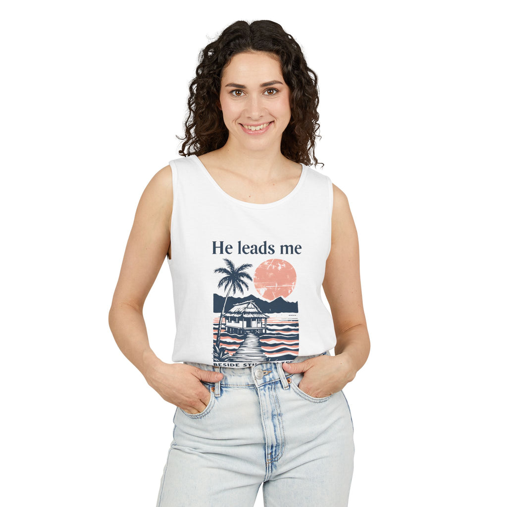 He Leads Me Beside Still Water Unisex Comfort Colors Tank Top | Psalms 23 | Christian Gift