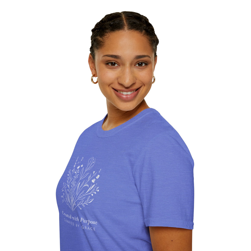 Created with Purpose Carried By Grace Christian Floral Gildan T-Shirt Women’s Faith Shirt Minimalist Design Soft Cotton Tee