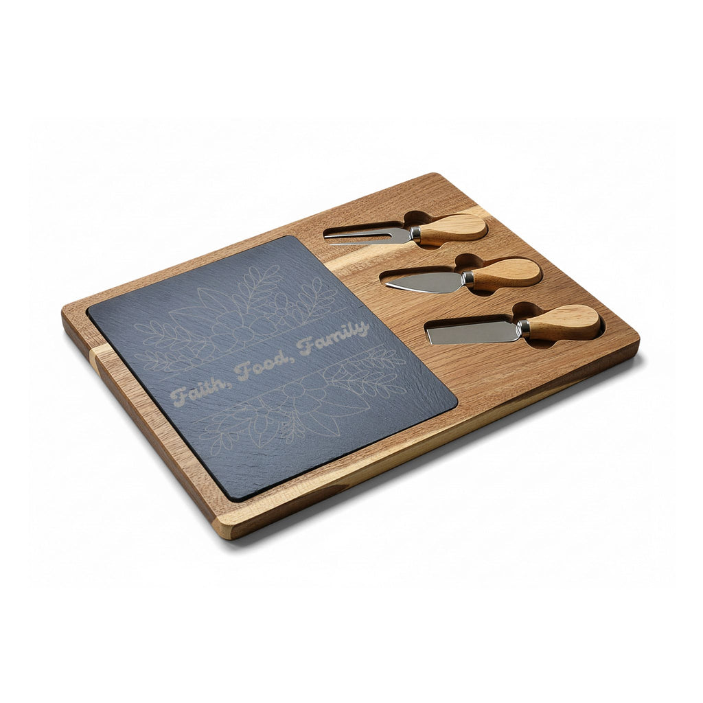Faith Food Family Engraved Acacia Charcuterie Board with Slate & Knives | Christian Gift Kitchen Decor