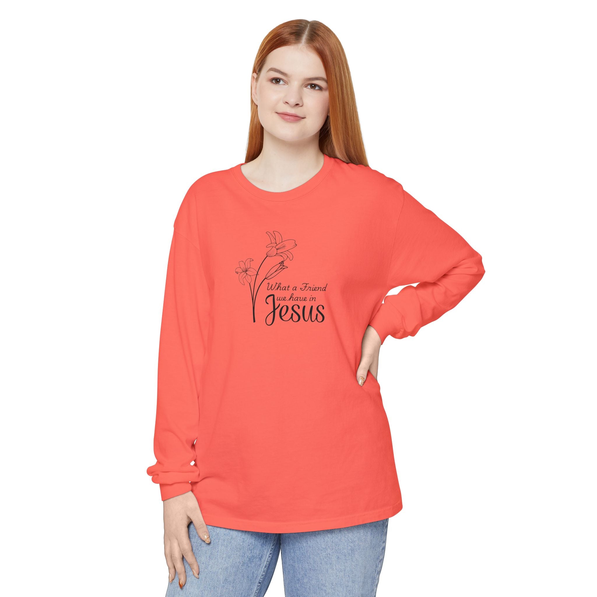 What a Friend We Have in Jesus Comfort Colors Unisex Long Sleeve Shirt | Christian Floral Tee
