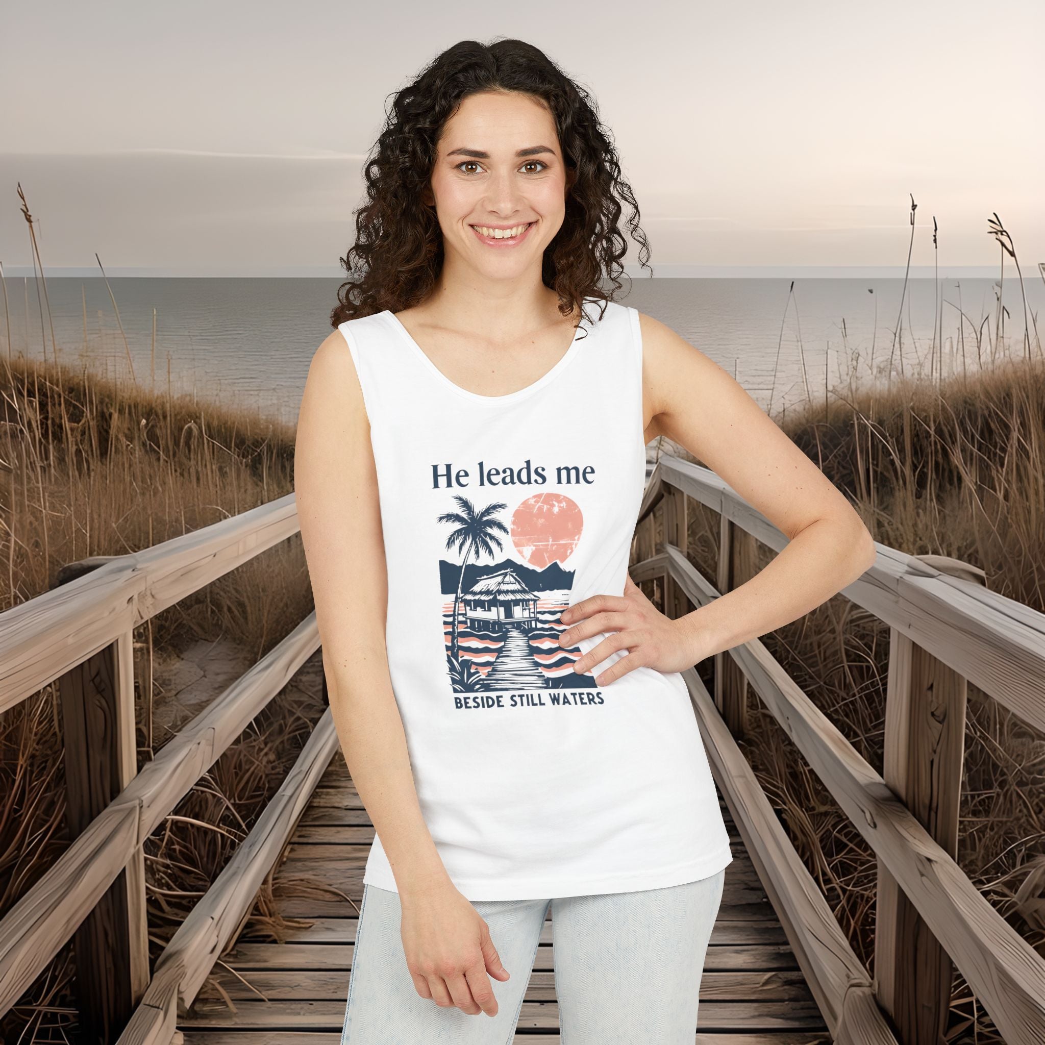 He Leads Me Beside Still Water Unisex Comfort Colors Tank Top | Psalms 23 | Christian Gift