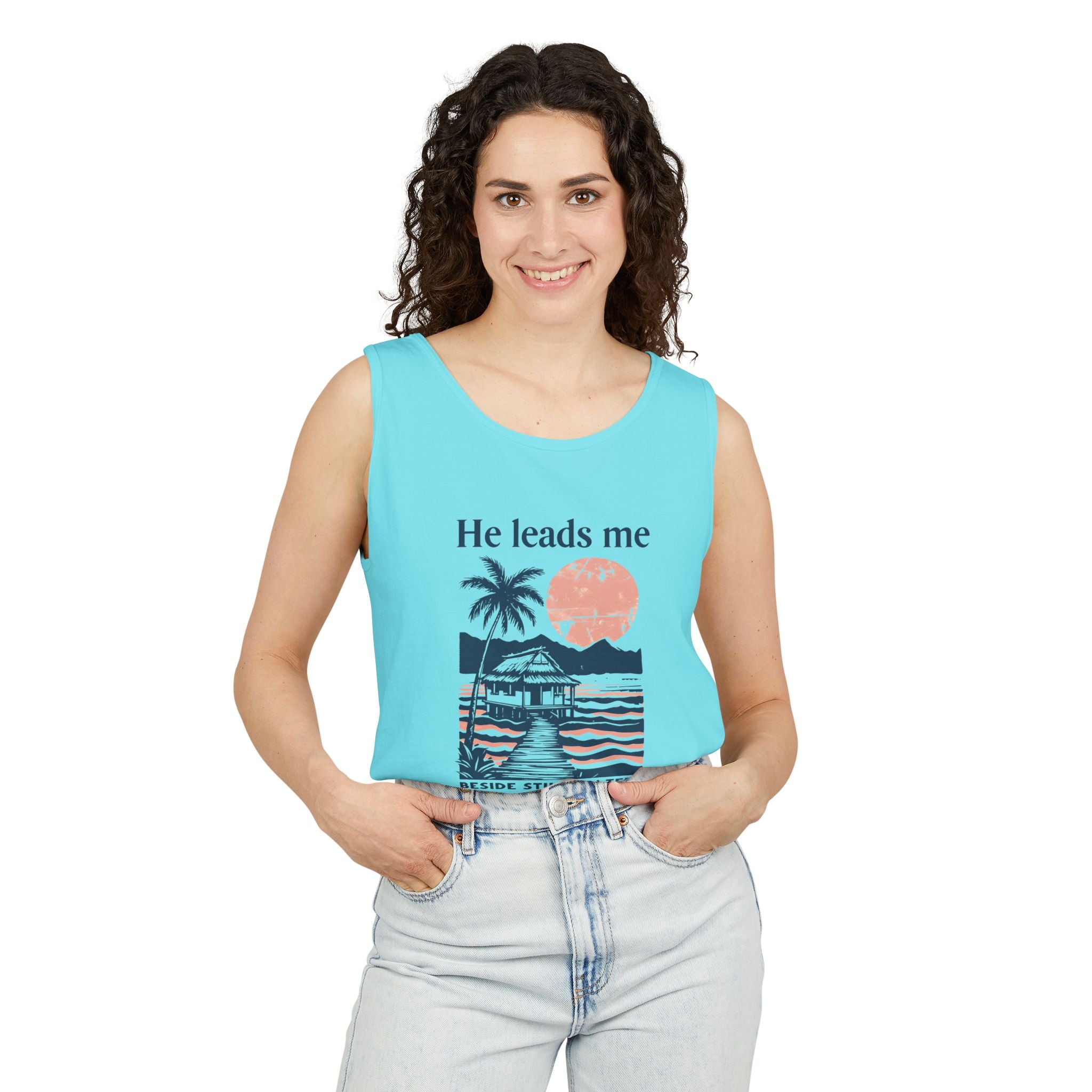 He Leads Me Beside Still Water Unisex Comfort Colors Tank Top | Psalms 23 | Christian Gift
