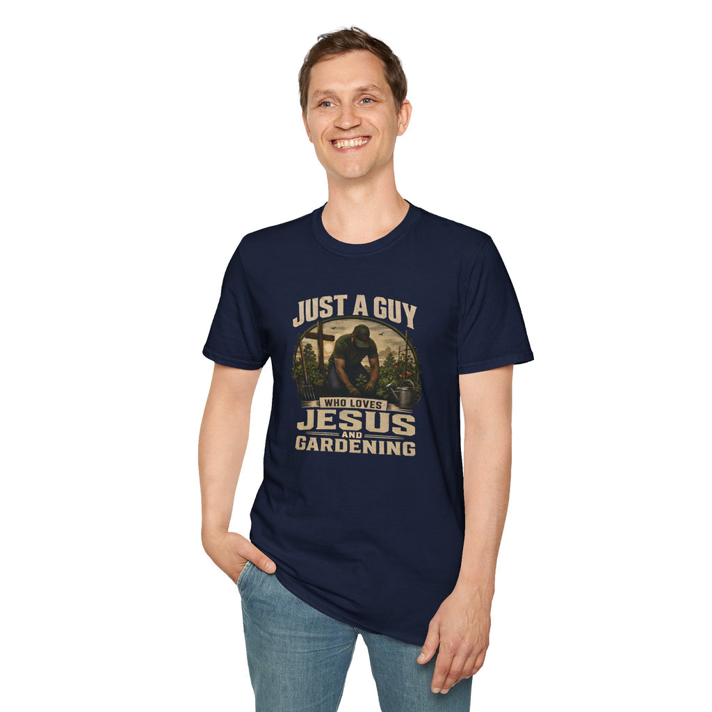 Just A Guy Who Loves Jesus And Gardening Gildan Christian T-Shirt for Men | Faith Based Gardening Shirt | Gardener Gift Tee