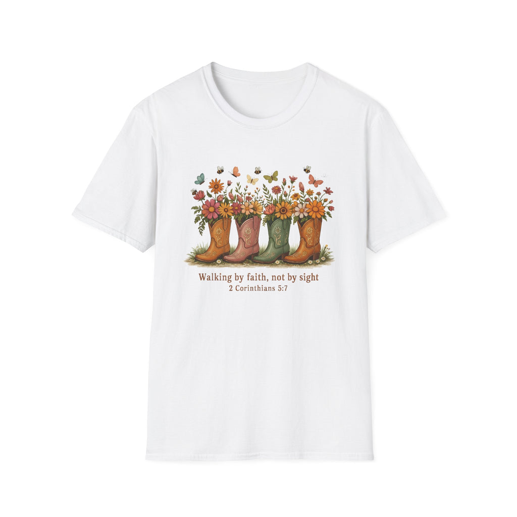 Walk by Faith Not by Sight Gildan Tshirt | Women's Wildflower Cowgirl Boots Christian Tee