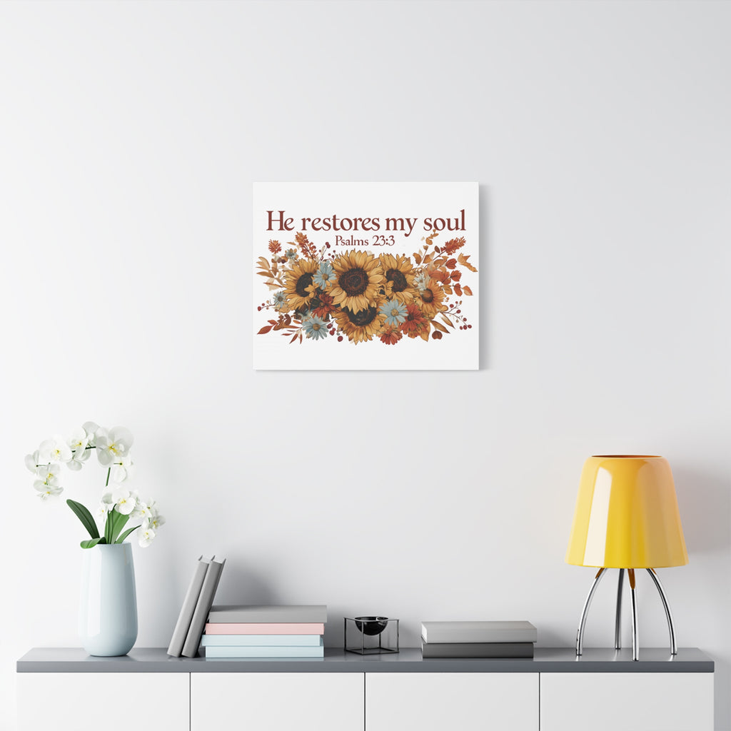 Psalm 23:3 Canvas Wall Art | Christian Sunflower Home Decor | Faith Gift
