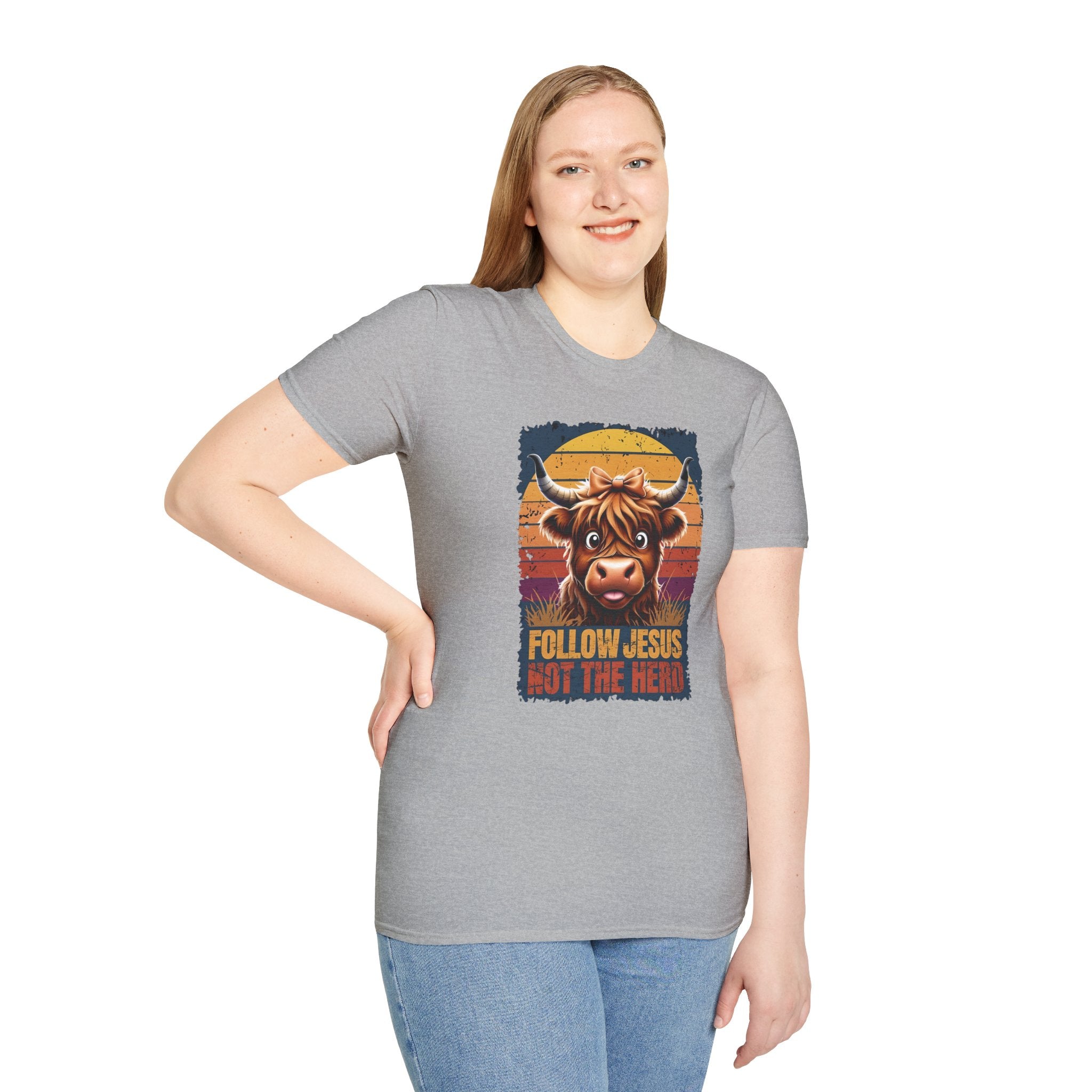 Follow Jesus Not The Herd Gildan Softstyle Unisex Tshirt | Highland Cow Christian Graphic T Shirt