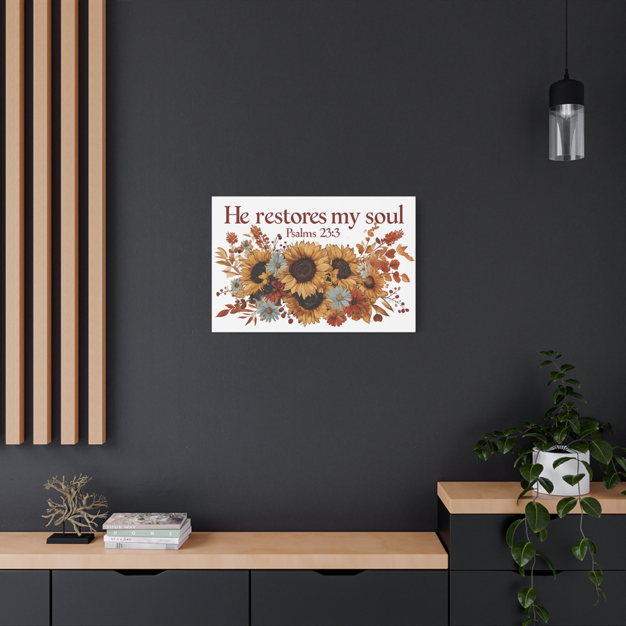 Psalm 23:3 Canvas Wall Art | Christian Sunflower Home Decor | Faith Gift