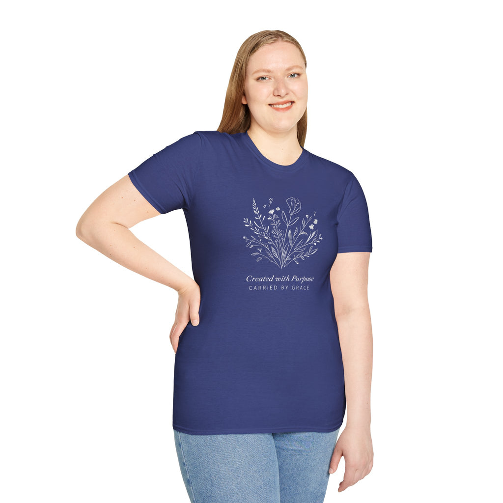 Created with Purpose Carried By Grace Christian Floral Gildan T-Shirt Women’s Faith Shirt Minimalist Design Soft Cotton Tee