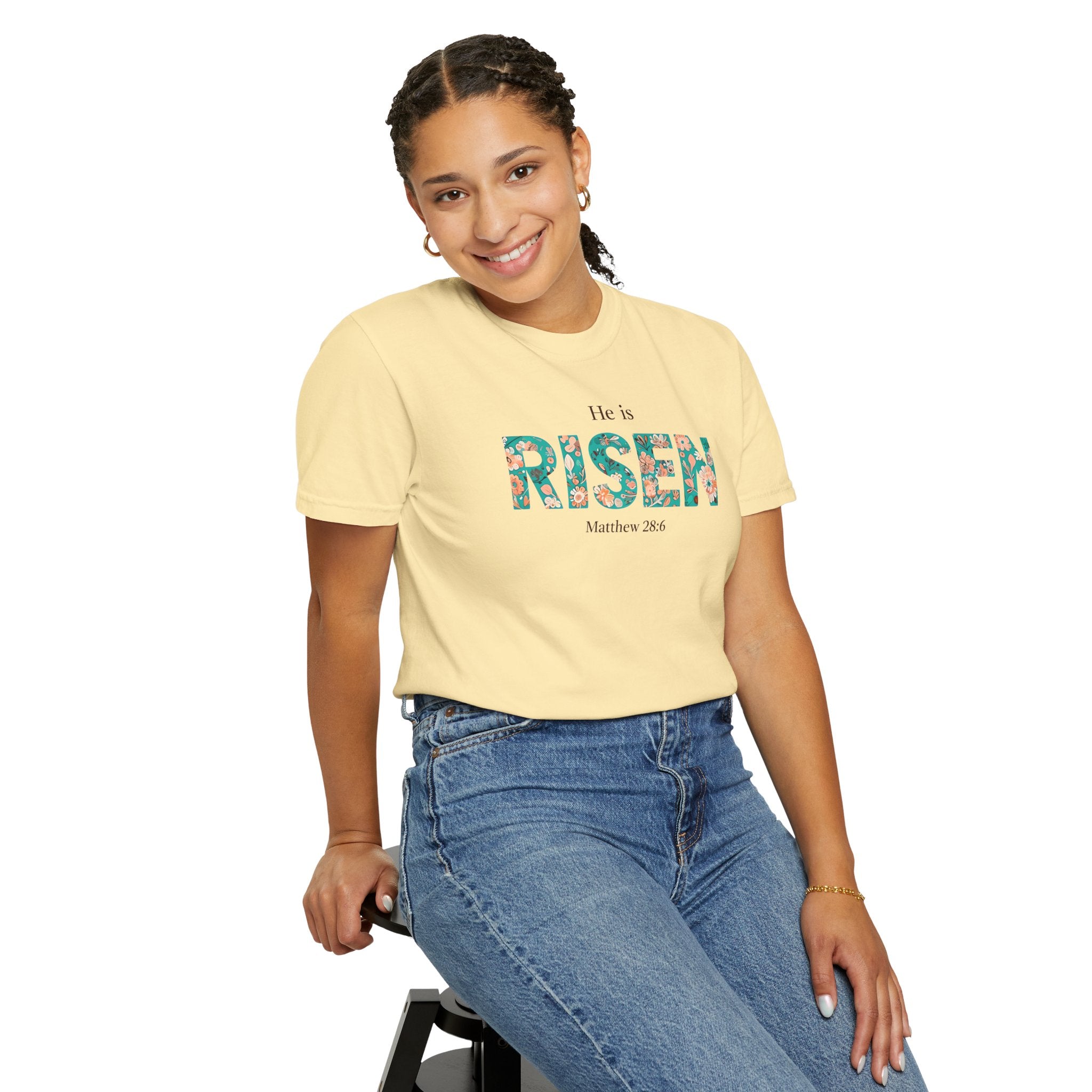 He is RISEN Christian T-Shirt | Easter Women’s Faith Shirt | Scripture Tee Matthew 28:6 | Floral Graphic | Garment-Dyed Cotton | S-4XL