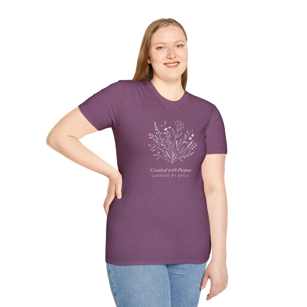 Created with Purpose Carried By Grace Christian Floral Gildan T-Shirt Women’s Faith Shirt Minimalist Design Soft Cotton Tee