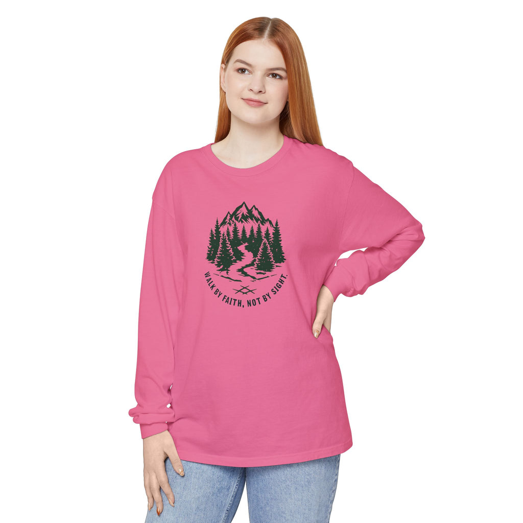 Walk by Faith, Not By Sight Comfort Colors Unisex Long Sleeve Shirt | Faith Mountain Graphic Tee | Garment Dyed Cotton