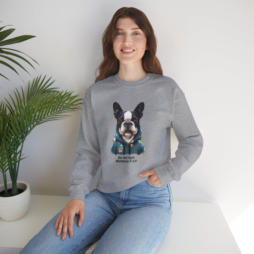 Be the Light Boston Terrier Christmas Gildan Sweatshirt | Christian Unisex Crewneck