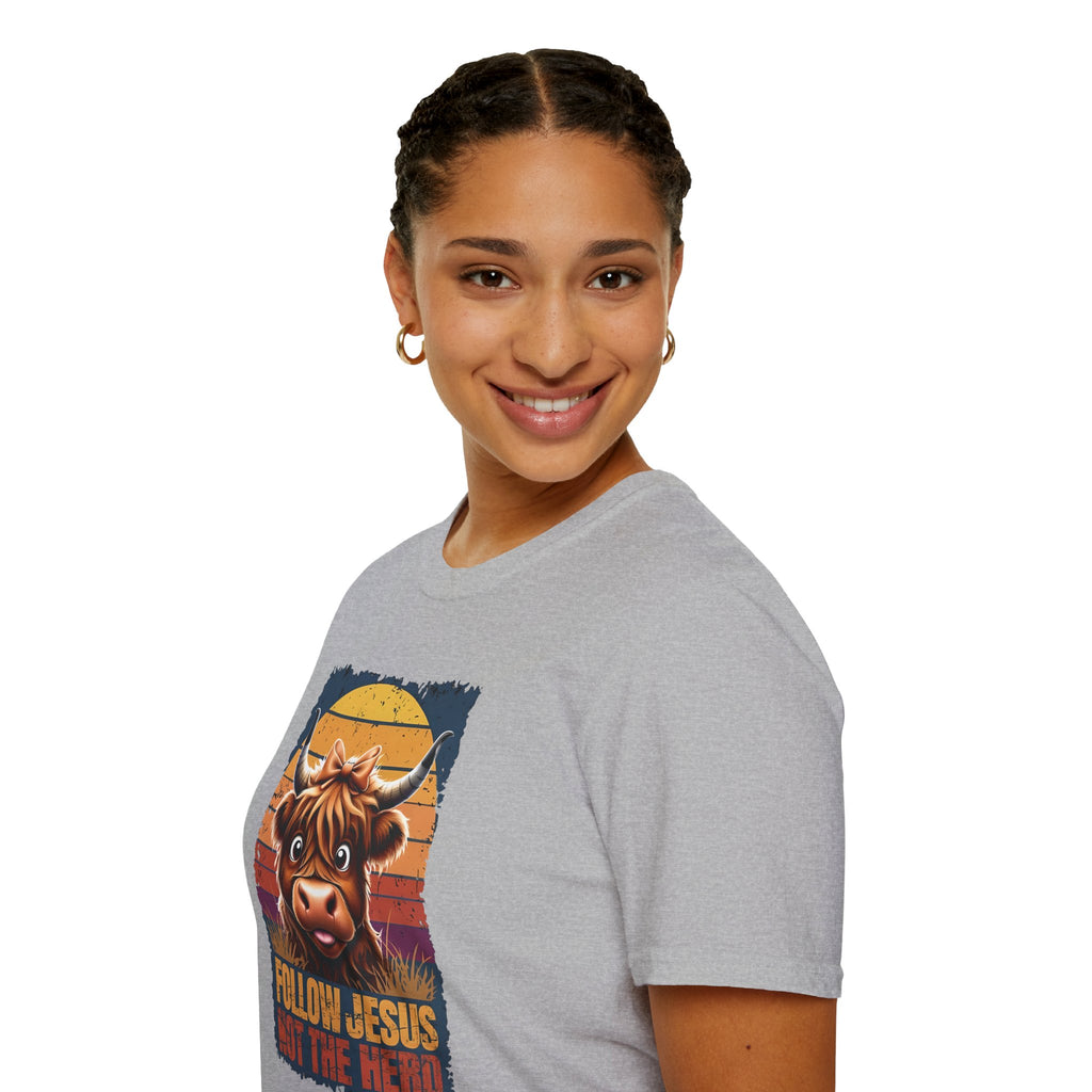 Follow Jesus Not The Herd Gildan Softstyle Unisex Tshirt | Highland Cow Christian Graphic T Shirt