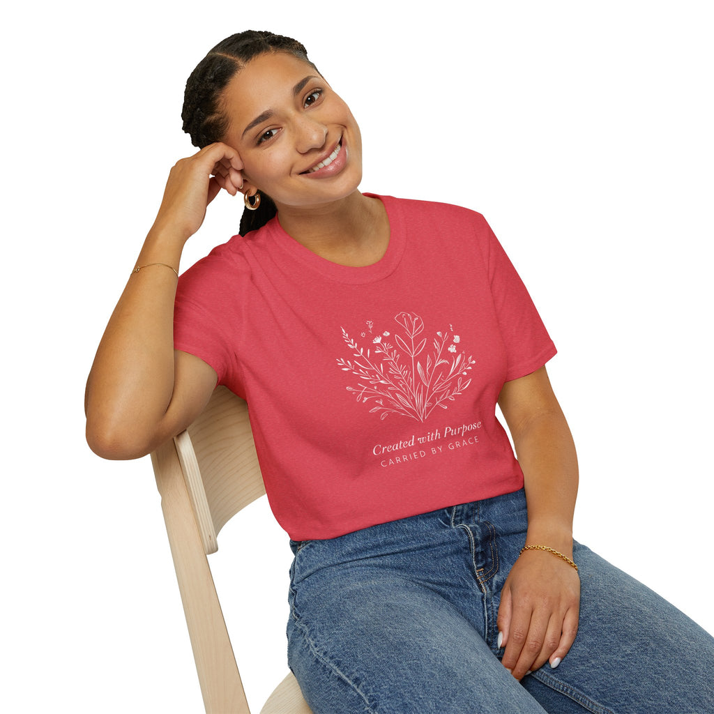 Created with Purpose Carried By Grace Christian Floral Gildan T-Shirt Women’s Faith Shirt Minimalist Design Soft Cotton Tee
