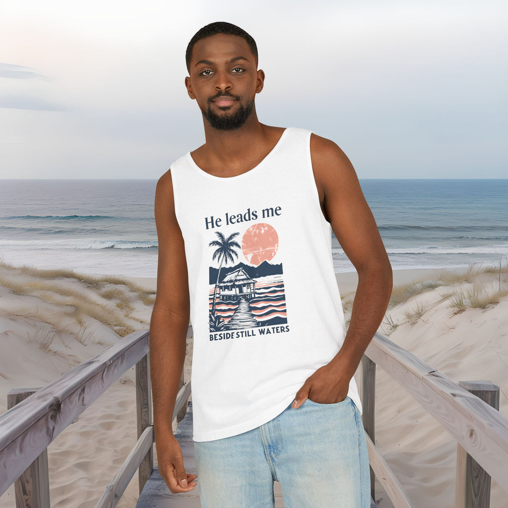 He Leads Me Beside Still Water Unisex Comfort Colors Tank Top | Psalms 23 | Christian Gift