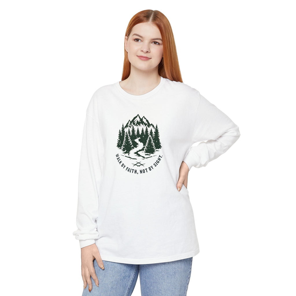 Walk by Faith, Not By Sight Comfort Colors Unisex Long Sleeve Shirt | Faith Mountain Graphic Tee | Garment Dyed Cotton