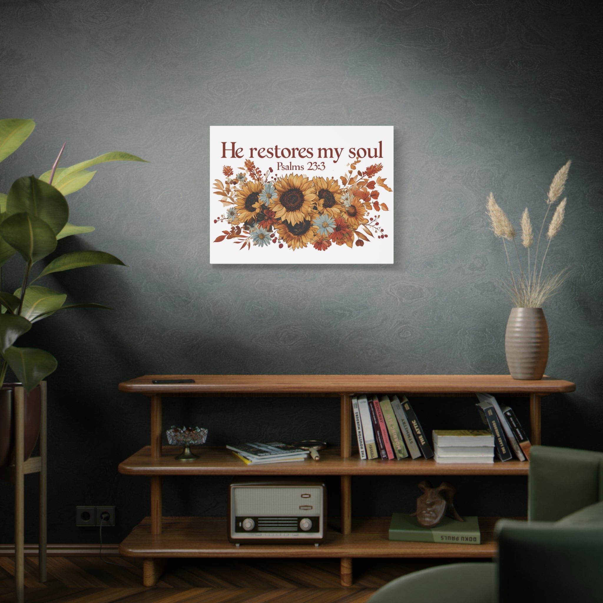 Psalm 23:3 Canvas Wall Art | Christian Sunflower Home Decor | Faith Gift