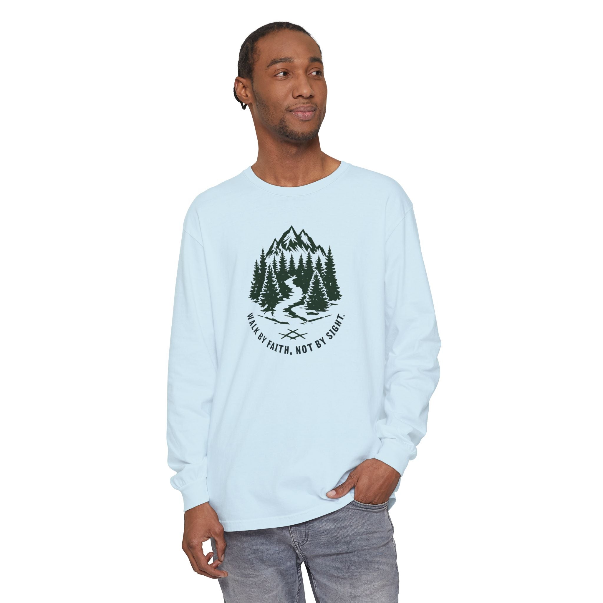 Walk by Faith, Not By Sight Comfort Colors Unisex Long Sleeve Shirt | Faith Mountain Graphic Tee | Garment Dyed Cotton