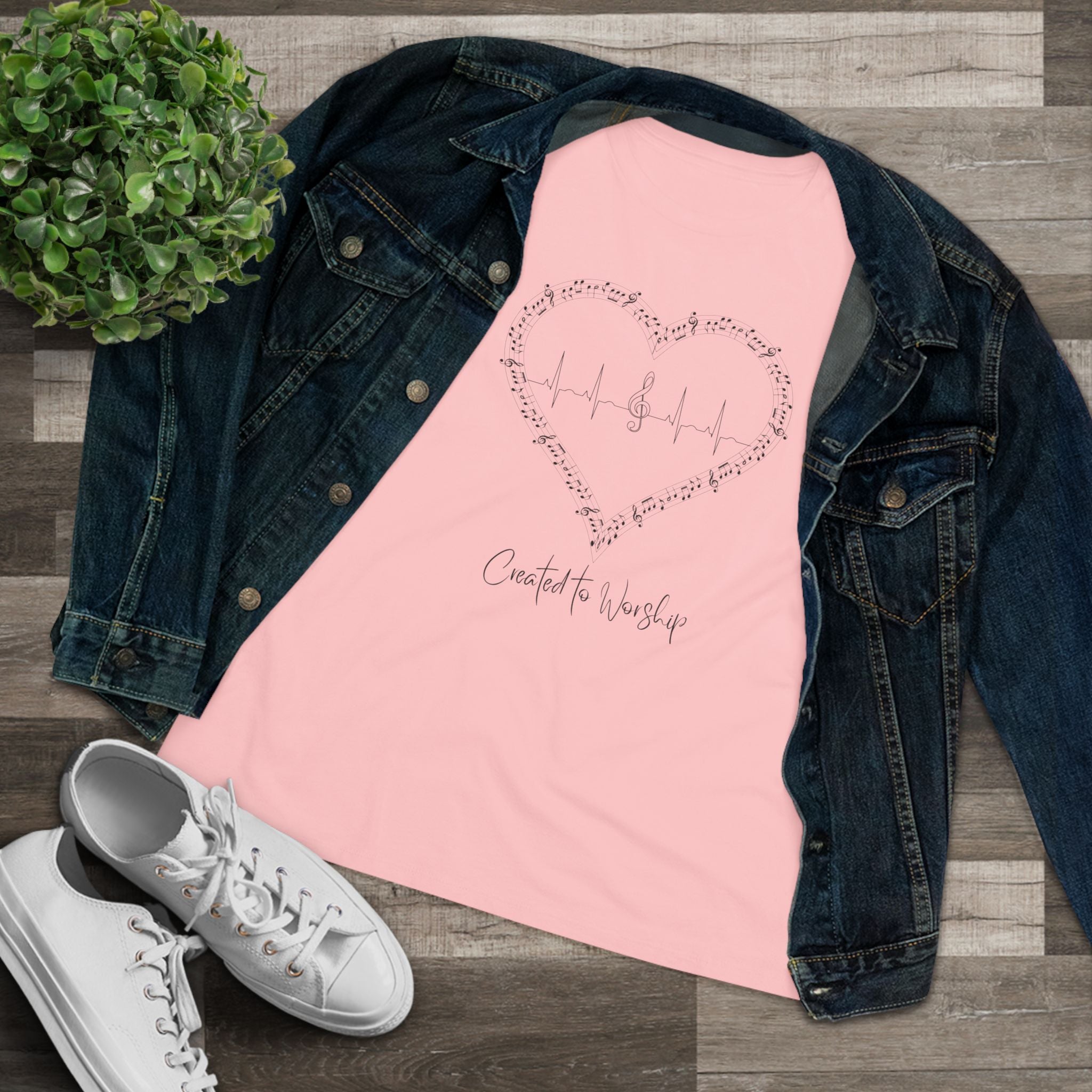 Created to Worship Women’s Christian T-Shirt – Heart & Treble Clef Music Design