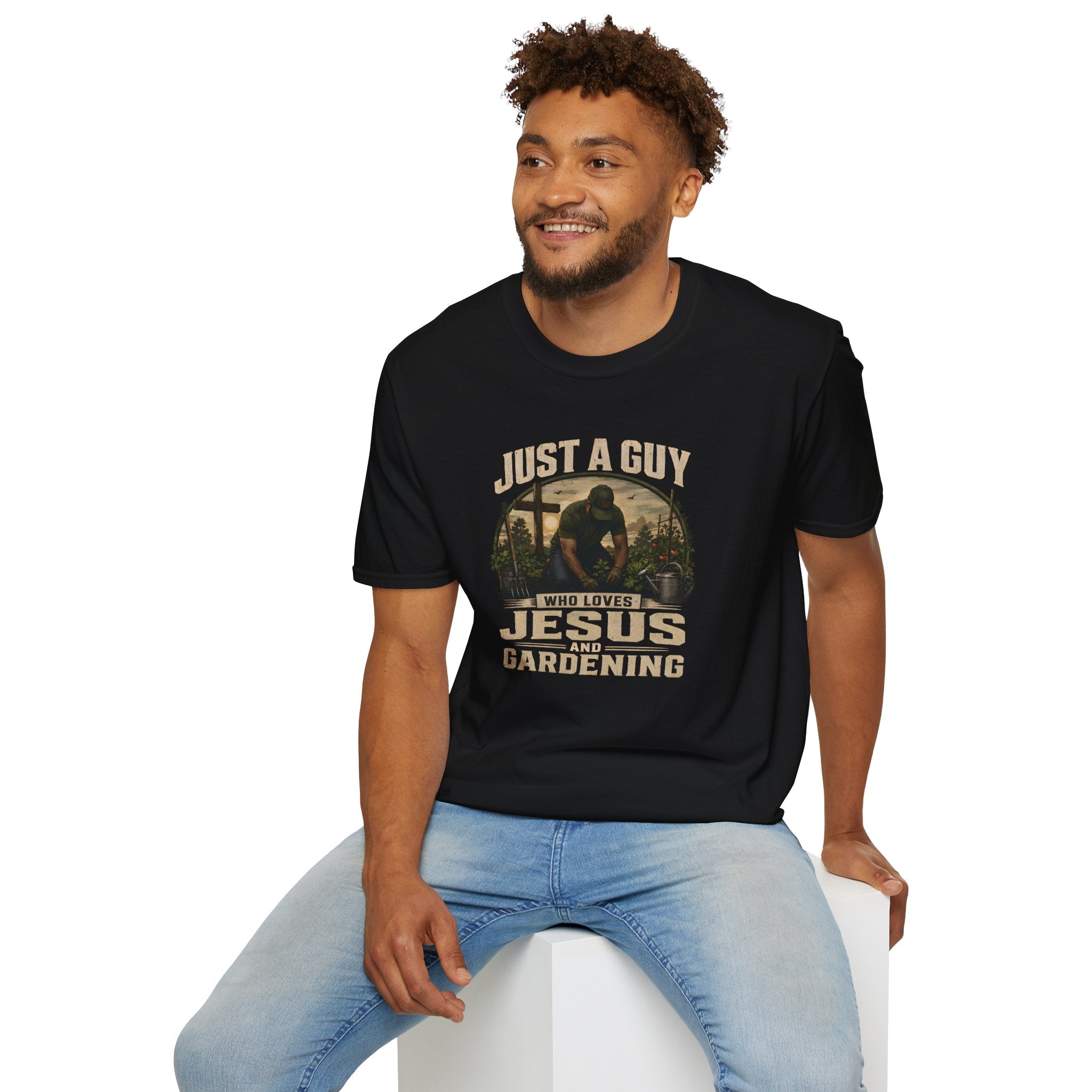 Just A Guy Who Loves Jesus And Gardening Gildan Christian T-Shirt for Men | Faith Based Gardening Shirt | Gardener Gift Tee