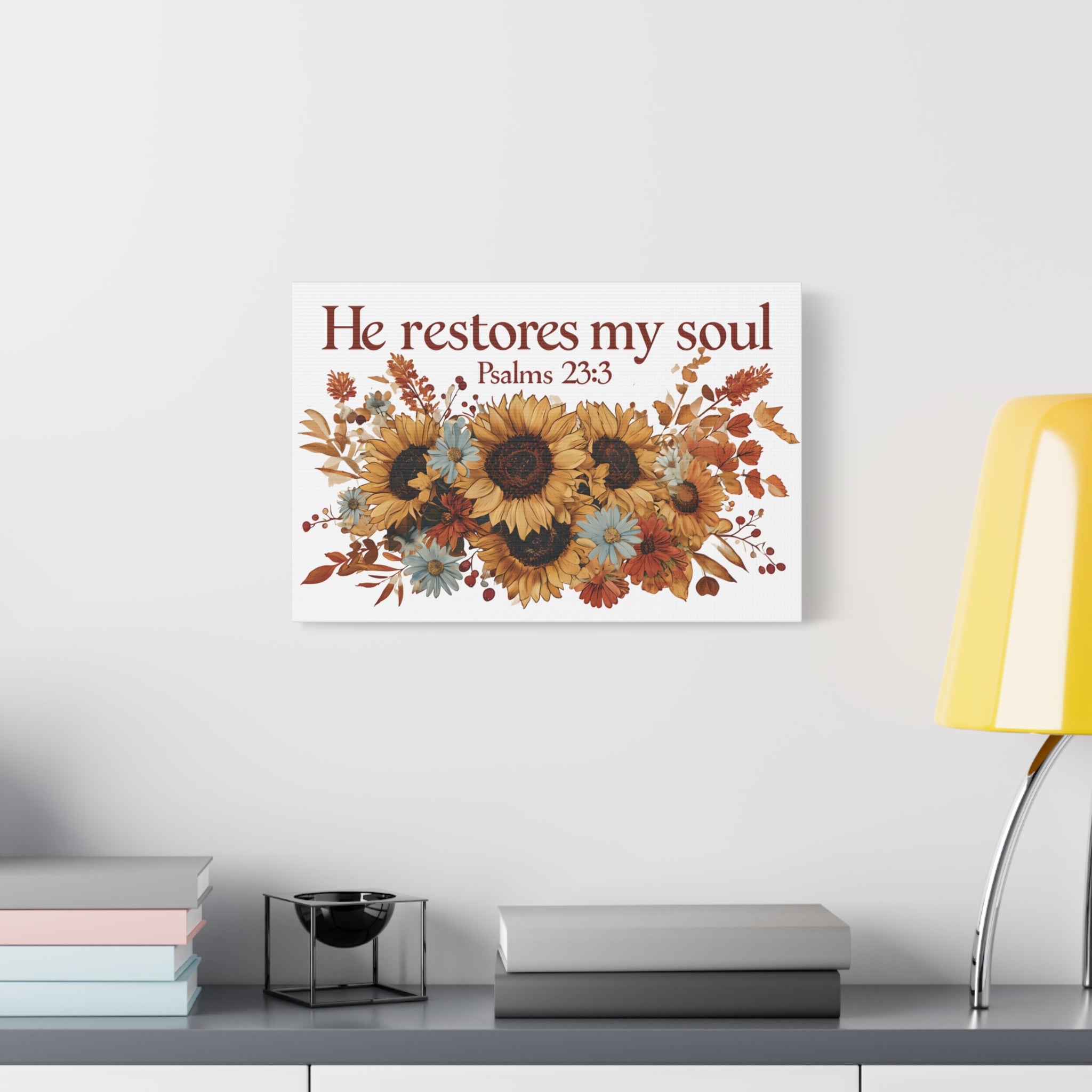 Psalm 23:3 Canvas Wall Art | Christian Sunflower Home Decor | Faith Gift