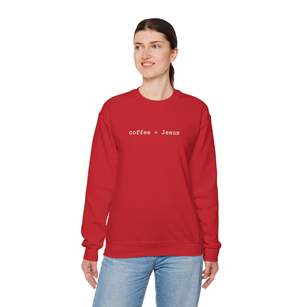 Embroidered Jesus + Coffee Gildan Unisex Heavy Blend Crewneck Sweatshirt | Cozy Christian Pullover Gift for Adults