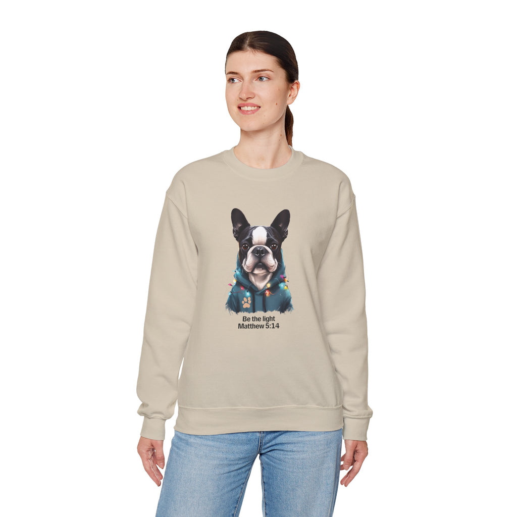 Be the Light Boston Terrier Christmas Gildan Sweatshirt | Christian Unisex Crewneck