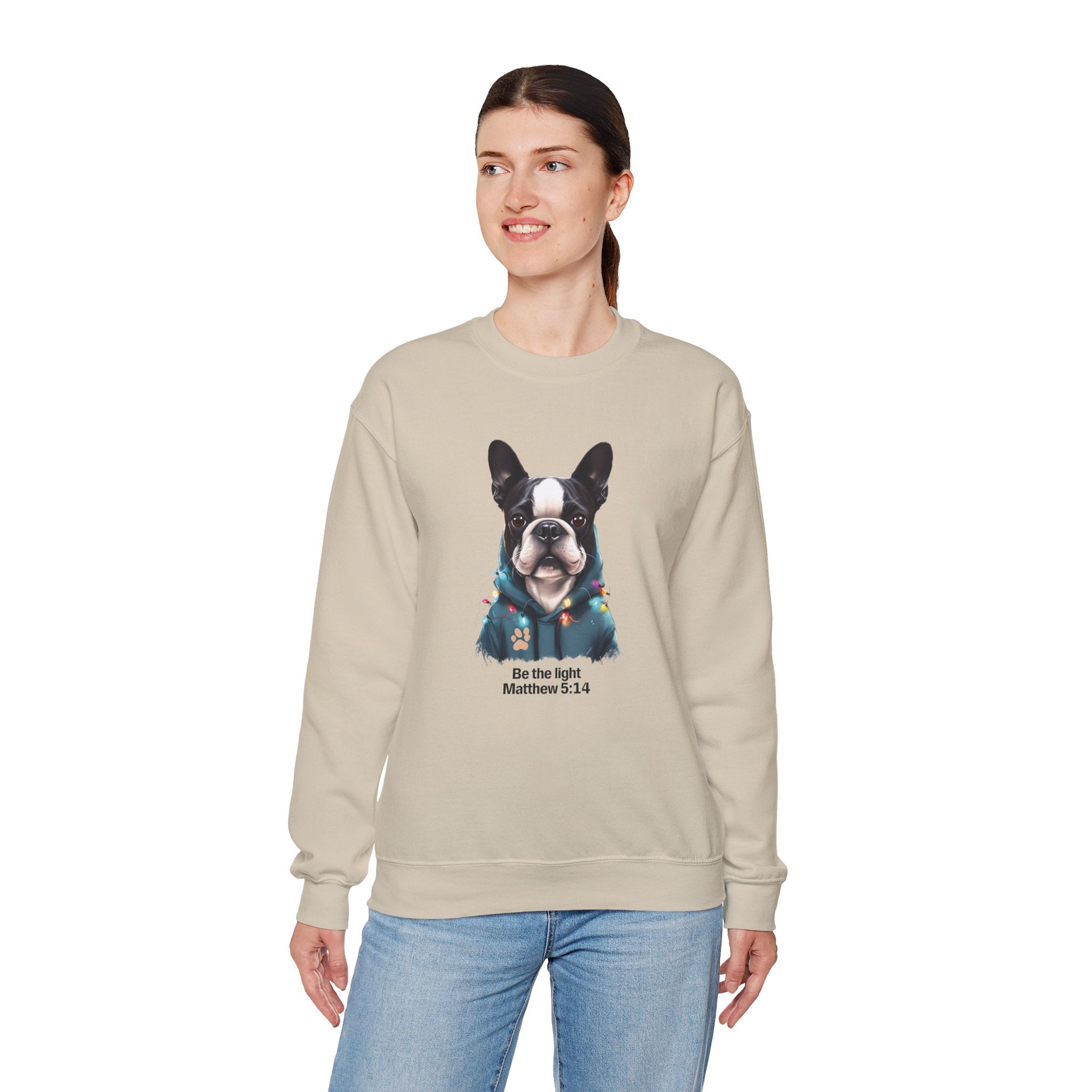 Be the Light Boston Terrier Christmas Gildan Sweatshirt | Christian Unisex Crewneck