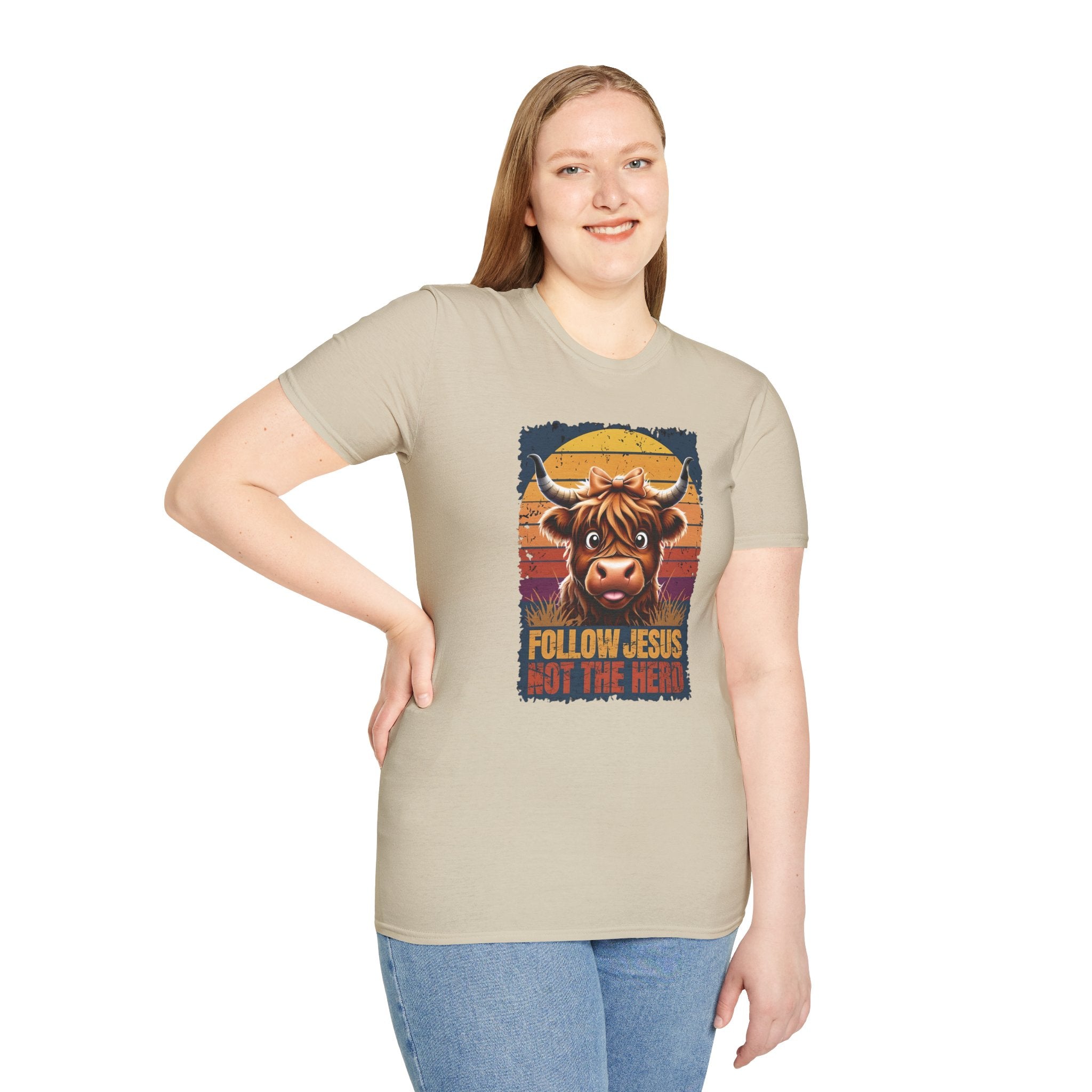 Follow Jesus Not The Herd Gildan Softstyle Unisex Tshirt | Highland Cow Christian Graphic T Shirt
