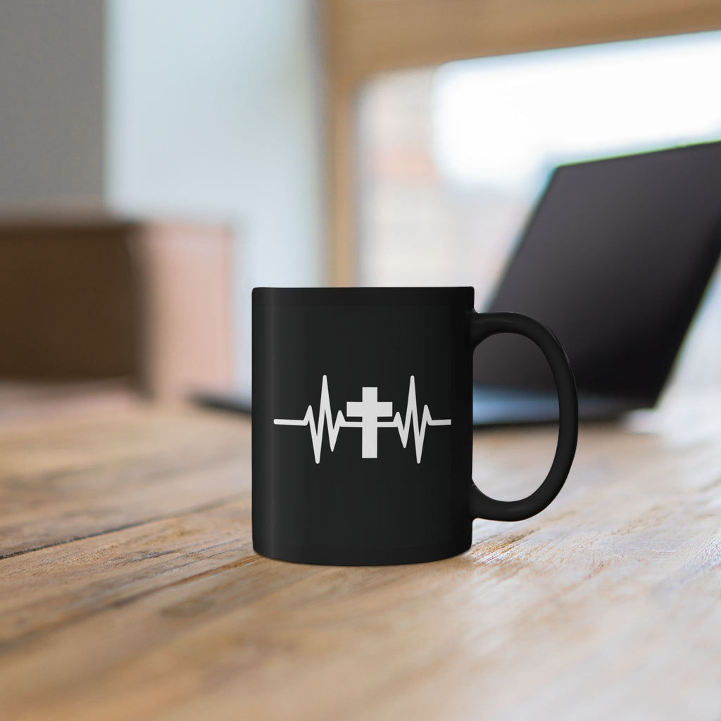 Christian Coffee Mug with Cross and Heartbeat Design – 11 oz - Faith-Based Ceramic Mug Gift | Inspirational Coffee Cup Gift