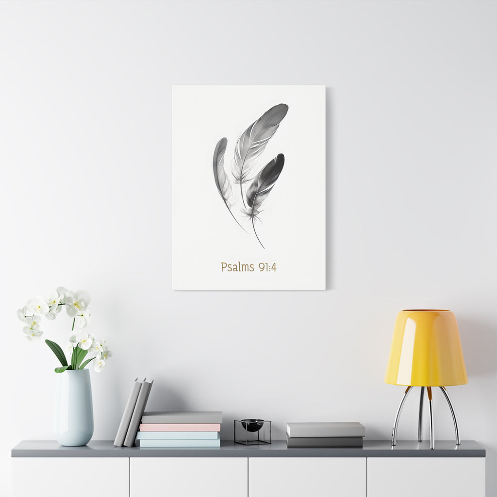 Psalm 91:4 Feather Canvas Wall Art – Christian Scripture Home Decor – Bible Verse Matte Canvas Print