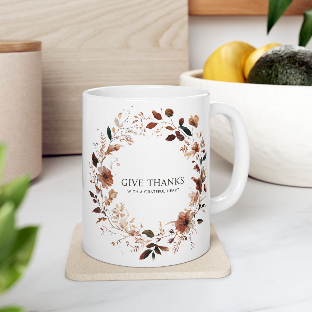 Give Thanks Floral Wreath Ceramic Mug | 11oz & 15oz | Cozy Coffee Cup, Gift for Her, Inspirational Tea Mug, Perfect for Birthdays & Anniversaries