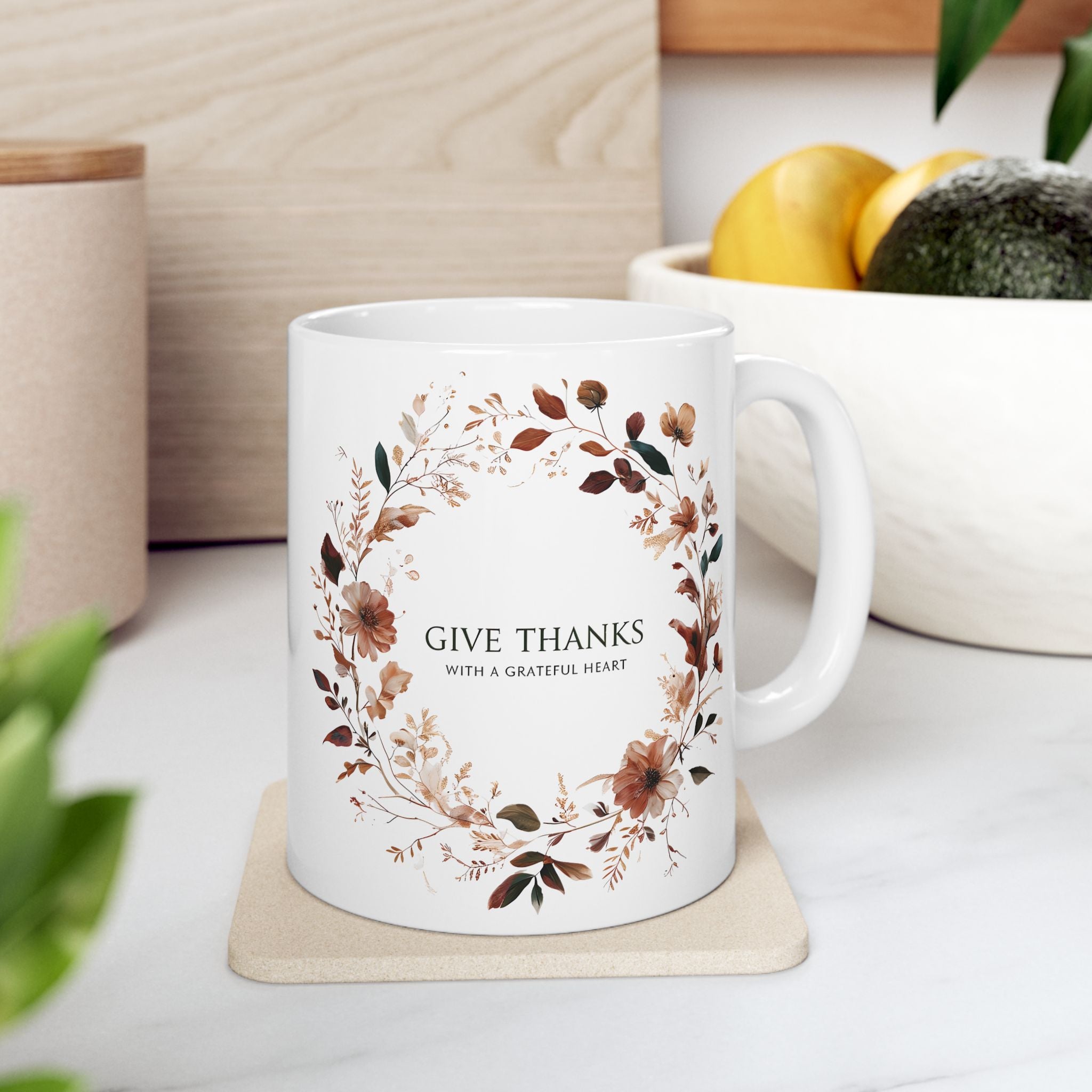 Give Thanks Floral Wreath Ceramic Mug | 11oz & 15oz | Cozy Coffee Cup, Gift for Her, Inspirational Tea Mug, Perfect for Birthdays & Anniversaries