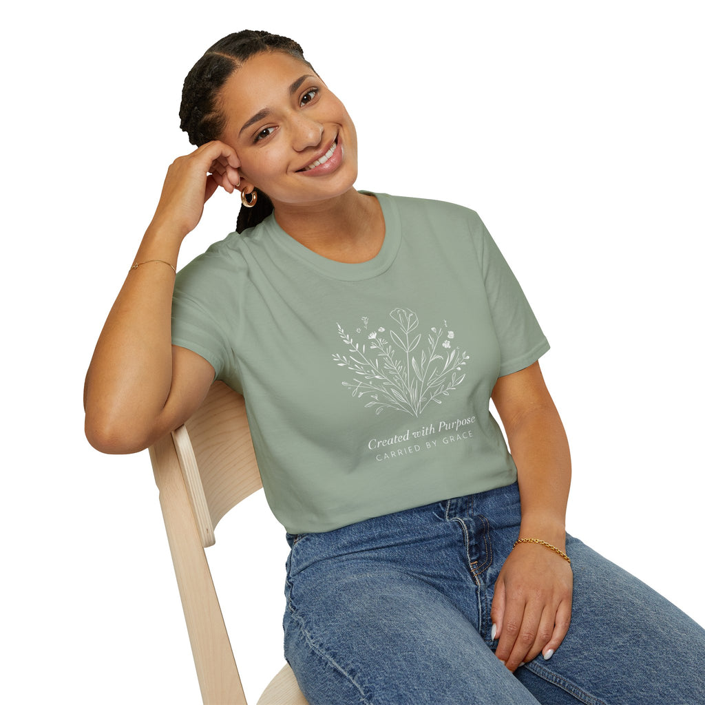 Created with Purpose Carried By Grace Christian Floral Gildan T-Shirt Women’s Faith Shirt Minimalist Design Soft Cotton Tee