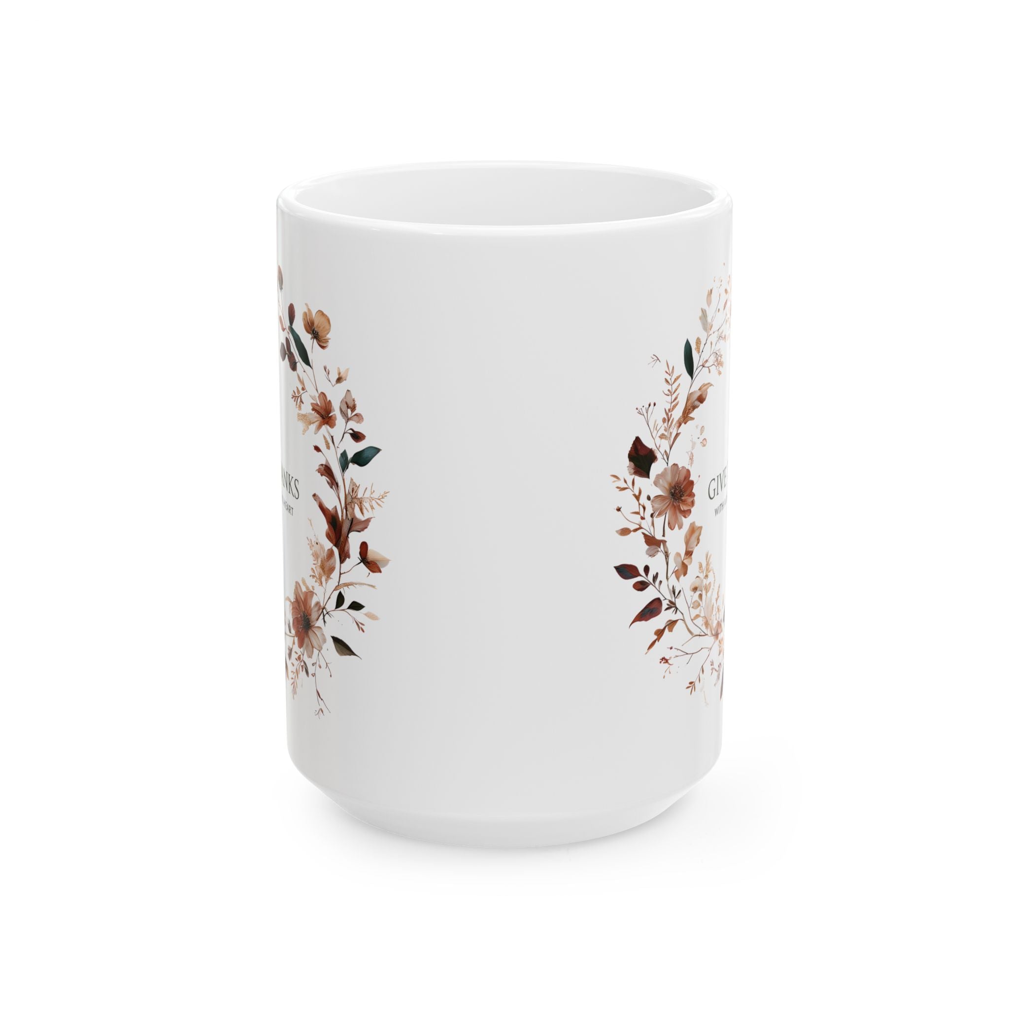 Give Thanks Floral Wreath Ceramic Mug | 11oz & 15oz | Cozy Coffee Cup, Gift for Her, Inspirational Tea Mug, Perfect for Birthdays & Anniversaries
