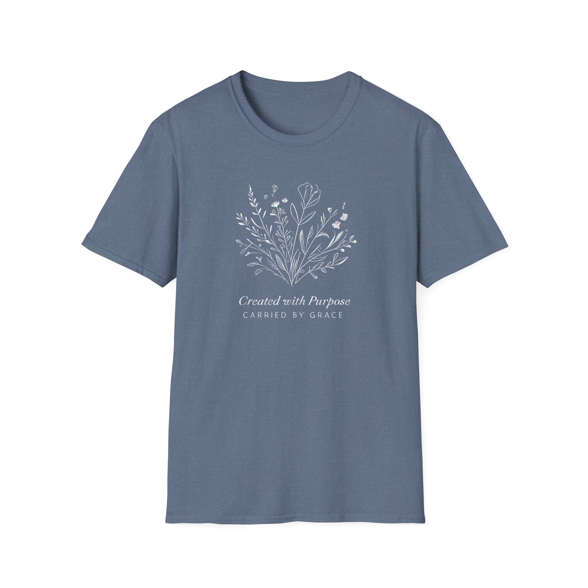 Created with Purpose Carried By Grace Christian Floral Gildan T-Shirt Women’s Faith Shirt Minimalist Design Soft Cotton Tee