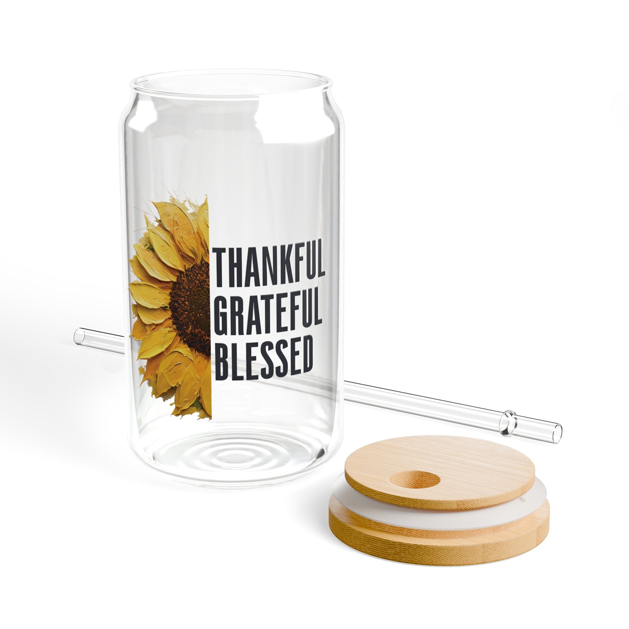 Faith Sunflower Sipper Glass 16oz Christian Drinkware Iced Coffee Cup Gift