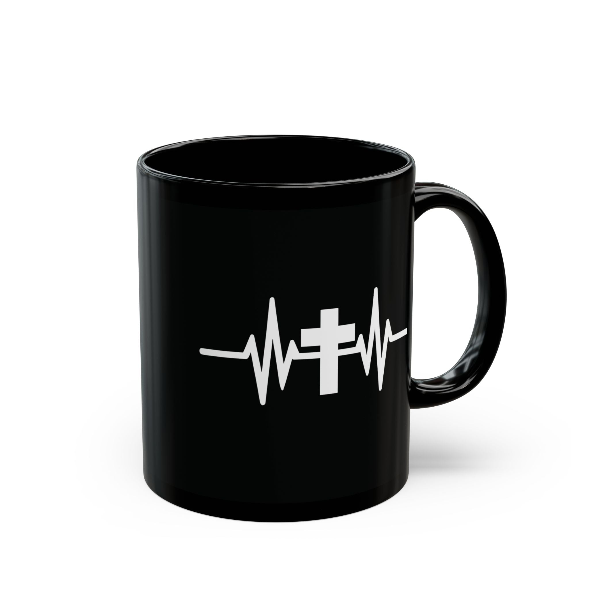 Christian Coffee Mug with Cross and Heartbeat Design – 11 oz - Faith-Based Ceramic Mug Gift | Inspirational Coffee Cup Gift
