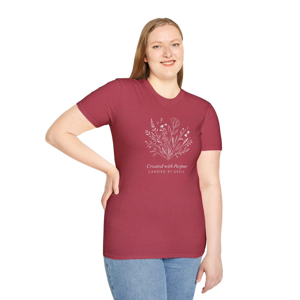 Created with Purpose Carried By Grace Christian Floral Gildan T-Shirt Women’s Faith Shirt Minimalist Design Soft Cotton Tee